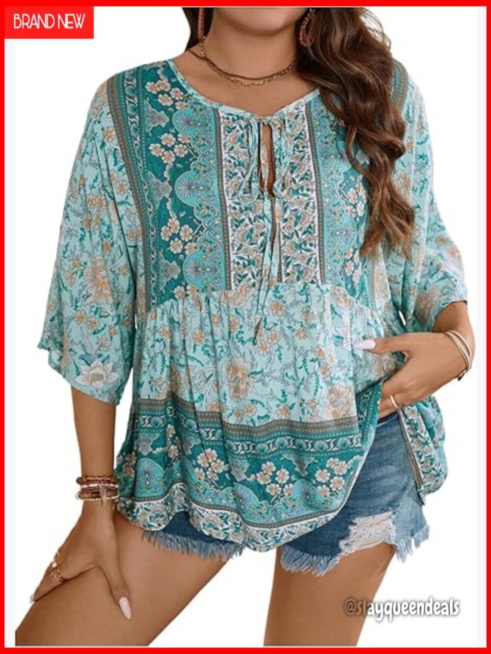 Plus Size Boho Floral Peplum Top 3/4 Sleeve Tie Front Ruffle Hem